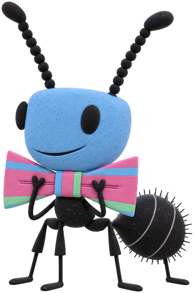 The FancyAnt ant as a clay figure: a black ant with a blue head, long beaded antennae and a big pink striped bow tie, both hands at his bow tie.